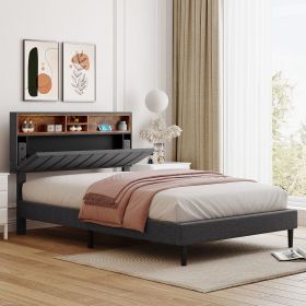 Full size Upholstered Platform Bed with Storage Headboard and USB Port, Linen Fabric Upholstered Bed (Gray)