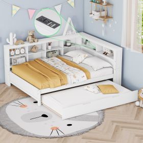 Wooden Full Size Day Bed with Twin Size Trundle, DayBed with Storage Shelf and USB Charging Ports,White