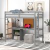 Twin size Loft Bed with Desk and Writing Board, Wooden Loft Bed with Desk & 2 Drawers Cabinet- Gray