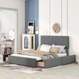 Queen Size Upholstery Platform Bed with Four Drawers on Two Sides, Adjustable Headboard, Grey