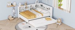 Wooden Full Size Day Bed with Twin Size Trundle, DayBed with Storage Shelf and USB Charging Ports,White