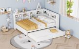 Wooden Full Size Day Bed with Twin Size Trundle, DayBed with Storage Shelf and USB Charging Ports,White