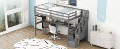 Twin Size Loft Bed Frame with Built-in Desk and Double Storage Drawers,Gray