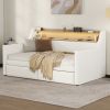 Twin Size Daybed with Storage Drawers, Upholstered Daybed with Charging Station and LED Lights, White(Expect arrival date May, 9th