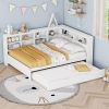 Wooden Full Size Day Bed with Twin Size Trundle, DayBed with Storage Shelf and USB Charging Ports,White