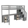 Twin Size Loft Bed Frame with Built-in Desk and Double Storage Drawers,Gray