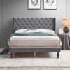 Velvet Button Tufted-Upholstered Bed with Wings Design - Strong Wood Slat Support - Easy Assembly - Gray, Queen, platform bed