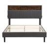 Full size Upholstered Platform Bed with Storage Headboard and USB Port, Linen Fabric Upholstered Bed (Gray)