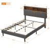 Full size Upholstered Platform Bed with Storage Headboard and USB Port, Linen Fabric Upholstered Bed (Gray)