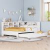 Wooden Full Size Day Bed with Twin Size Trundle, DayBed with Storage Shelf and USB Charging Ports,White