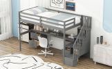 Twin Size Loft Bed Frame with Built-in Desk and Double Storage Drawers,Gray