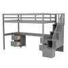 Twin Size Loft Bed Frame with Built-in Desk and Double Storage Drawers,Gray