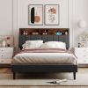 Full size Upholstered Platform Bed with Storage Headboard and USB Port, Linen Fabric Upholstered Bed (Gray)