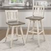 Pub Height Chairs Set of 2, Distressed Gray and White 360-degree Swivel Chair Solid Rubberwood Furniture, Vertical Slat Back Bar Chairs