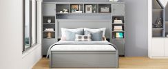 Queen Size Wooden Bed With All-in-One Cabinet, Shelf and Sockets, Gray