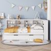 Wooden Full Size Day Bed with Twin Size Trundle, DayBed with Storage Shelf and USB Charging Ports,White