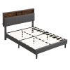 Full size Upholstered Platform Bed with Storage Headboard and USB Port, Linen Fabric Upholstered Bed (Gray)