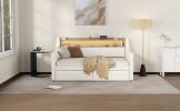 Twin Size Daybed with Storage Drawers, Upholstered Daybed with Charging Station and LED Lights, White(Expect arrival date May, 9th