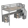 Twin Size Loft Bed Frame with Built-in Desk and Double Storage Drawers,Gray