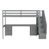 Twin Size Loft Bed Frame with Built-in Desk and Double Storage Drawers,Gray