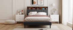 Full size Upholstered Platform Bed with Storage Headboard and USB Port, Linen Fabric Upholstered Bed (Gray)