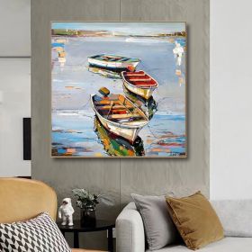 Hand Painted Oil Painting Canoe oil Paintings Nordic Seascape-Hand-Painted- Colorful Boats Oil Painting-Wall Art Handmade- For Home Decoration (style: 1, size: 60x60cm)