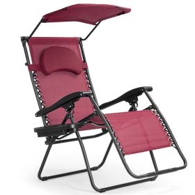 Folding Recliner Lounge Chair with Shade Canopy Cup Holder (Color: Dark Red)